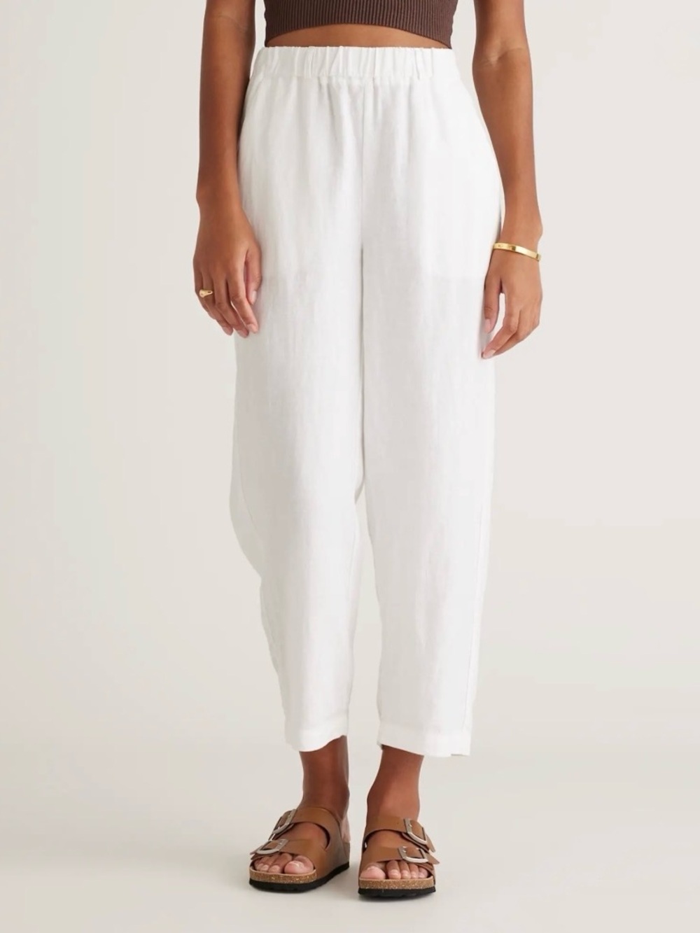 Quince White Linen-Cropped Elastic Waist Pants
